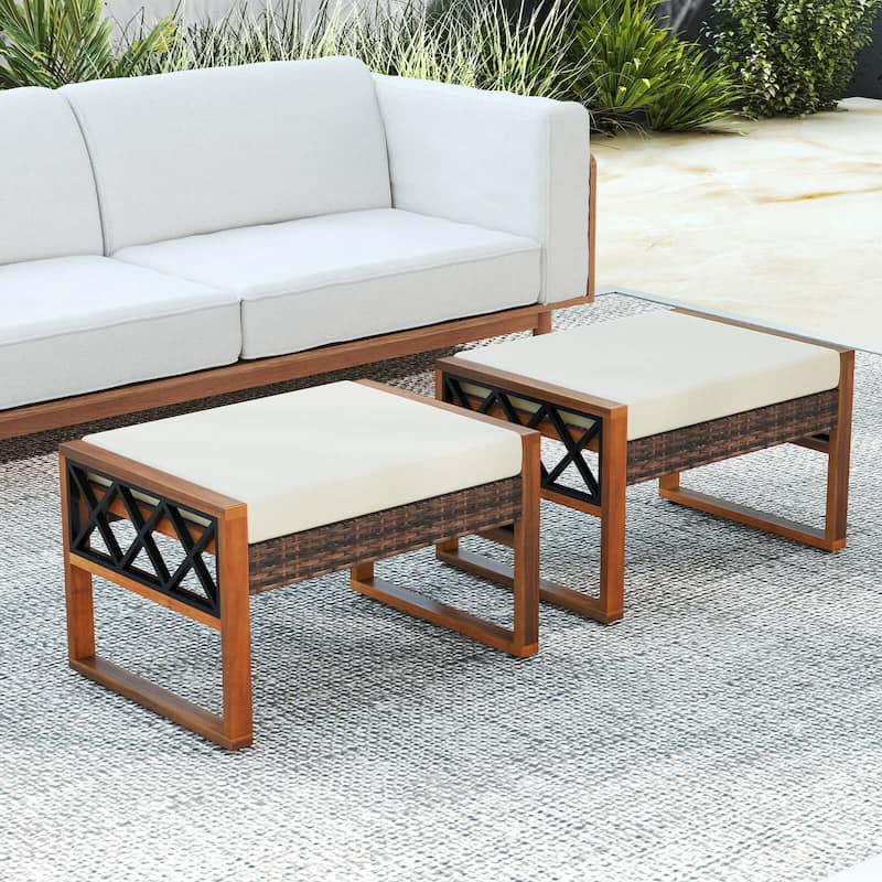 Costway 2 PCS PE Rattan Wicker Ottomans Outdoor Patio Footstools - Mix Brown+Beige - See Details - Mix Brown+Beige - See Details