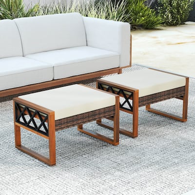 Costway 2 PCS PE Rattan Wicker Ottomans Outdoor Patio Footstools - Mix Brown+Beige - See Details