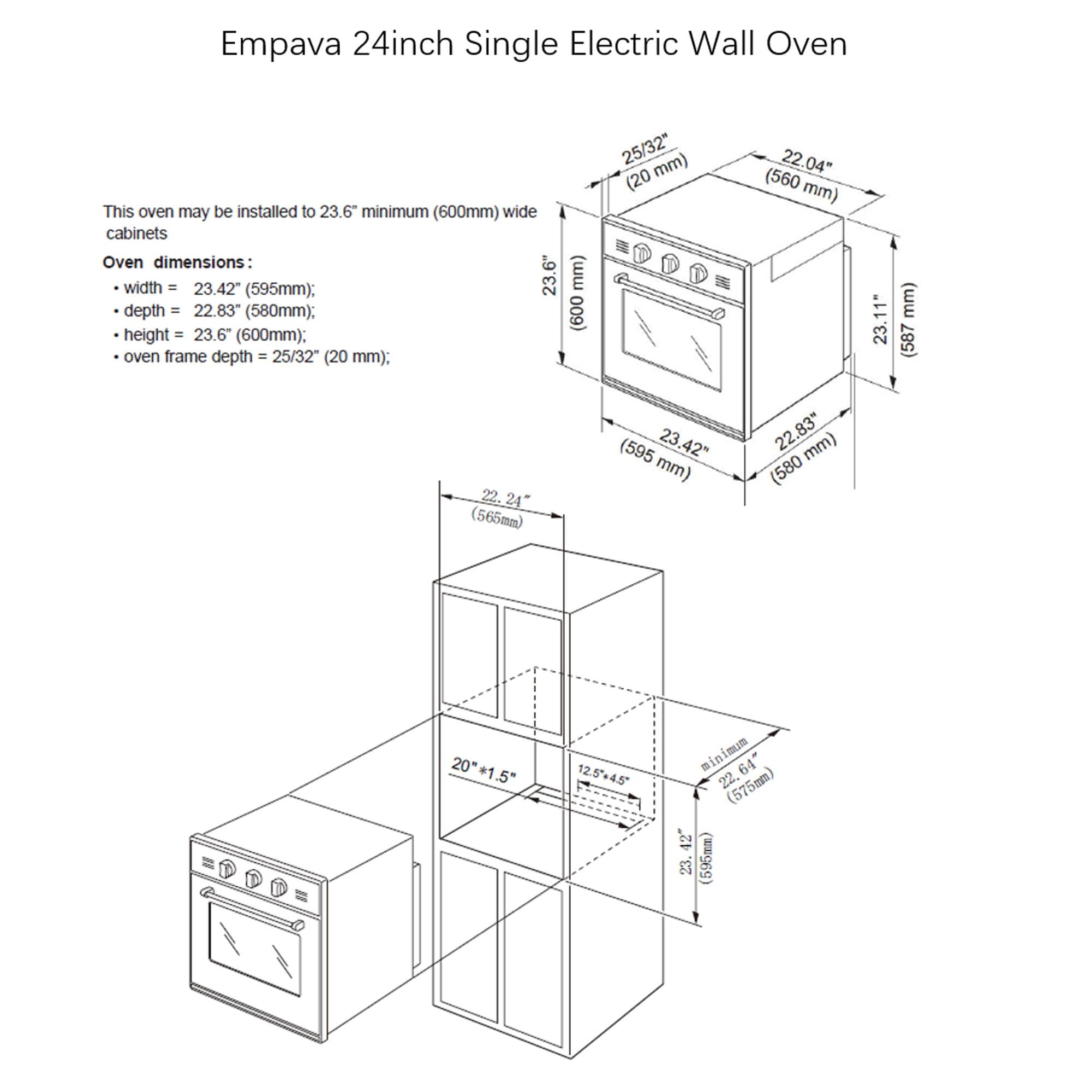 Black Empava 24 Tempered Glass LED Digital Touch Controls Electric Built-in Single Wall Oven 2800W 110V