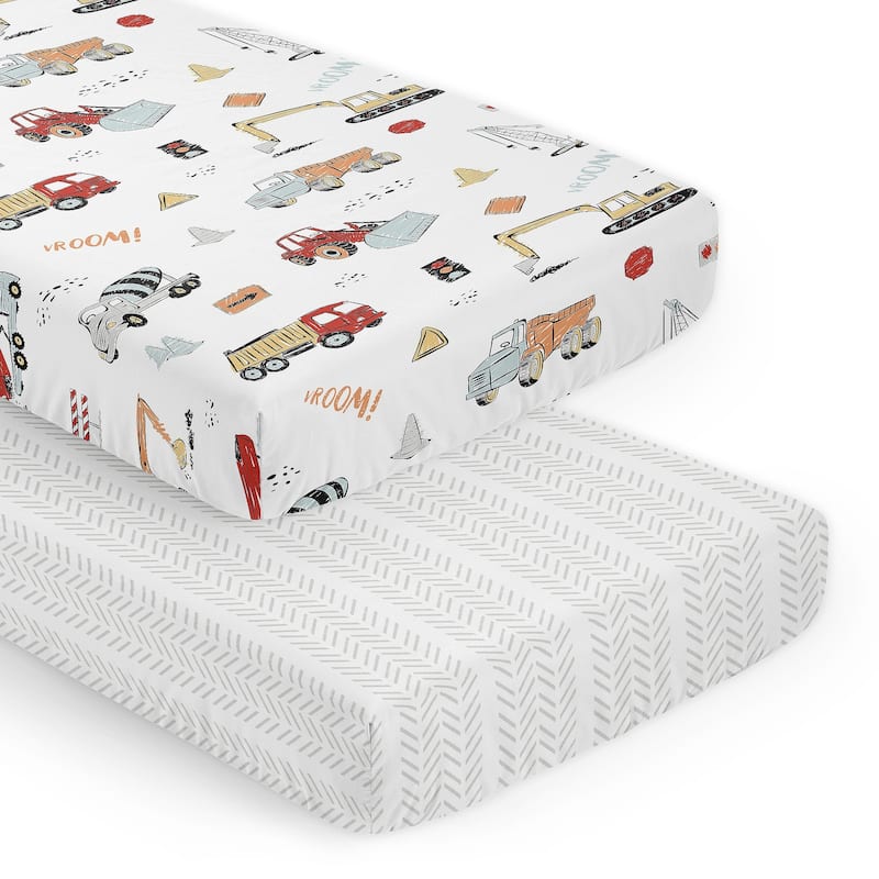 Sweet Jojo Designs Red Blue Construction Truck Boy 2 Pack Fitted Crib Sheets Transportation Bulldozer Tire Track Black and White