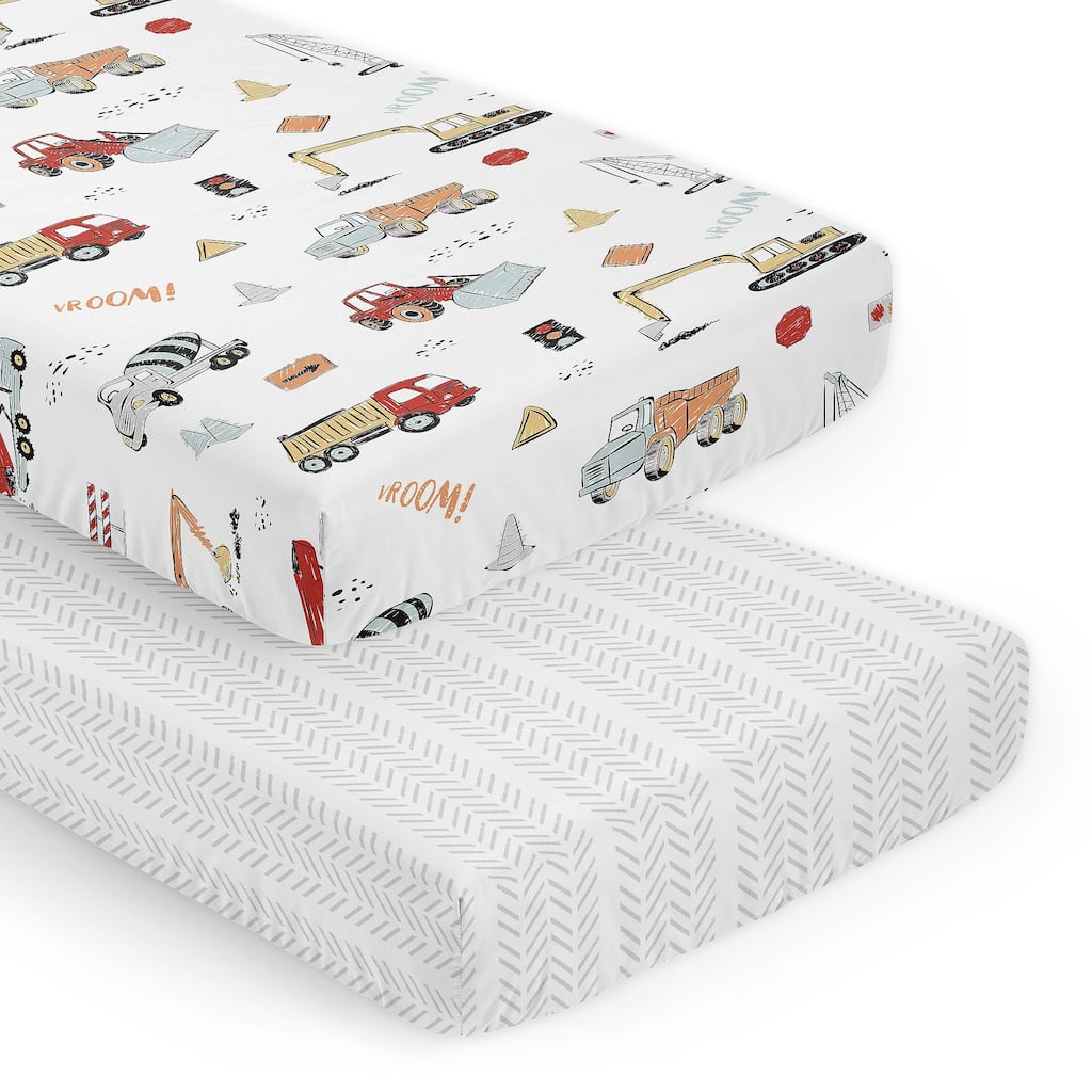 Sweet Jojo Designs Red Blue Construction Truck Boy 2 Pack Fitted Crib Sheets Transportation Bulldozer Tire Track Black and White
