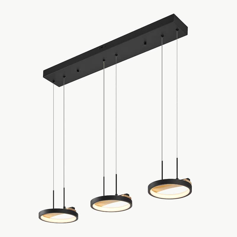 3 heads Satin Black & Wood Chandelier - N/A