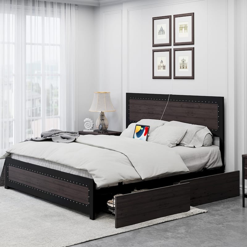 Bed Frame With 4 Storage Drawers and Charging Station