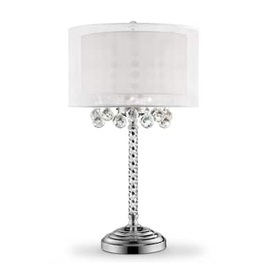 Silver Metal Crystal Swirl Bedside Lamp with White Linen Drum Shade - 17” x 17” x 30” (D x W x H)
