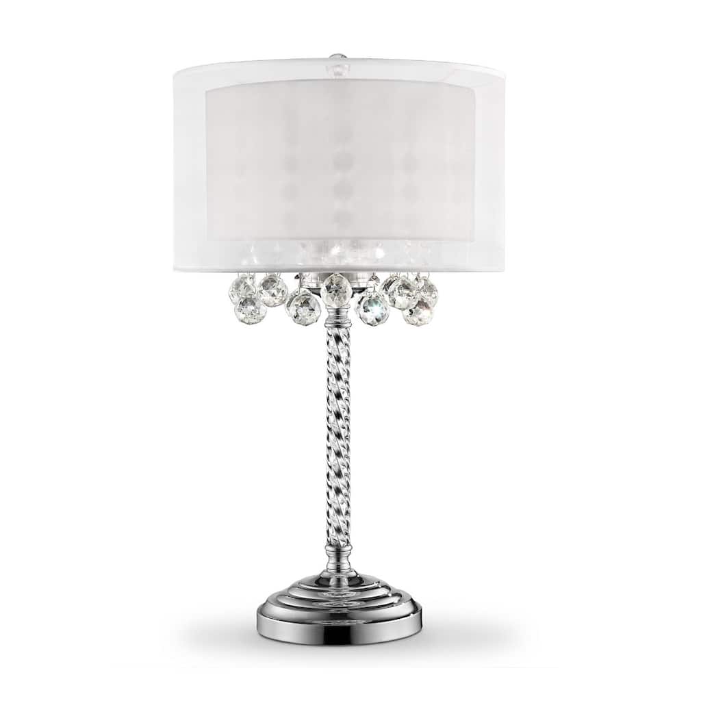 Silver Metal Crystal Swirl Bedside Lamp with White Linen Drum Shade - 17” x 17” x 30” (D x W x H)