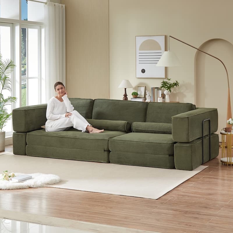 Foldable Floor Sofa Modular Play Couch, Toddler Couch for Playroom, Toddler Corduroy Sofa with Convertible Foam Cushion