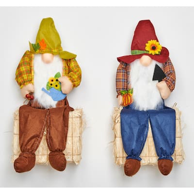 24" Sitting Scarecrow Gnome on Bale, Set of 2