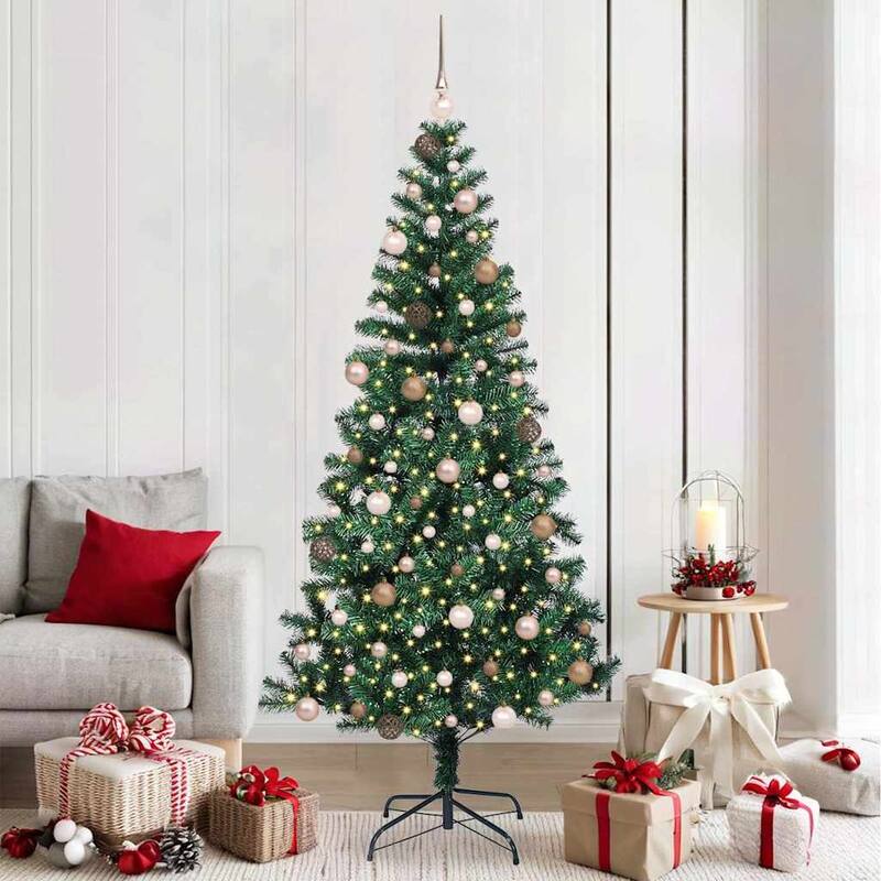 vidaXL Artificial Christmas Tree Green 70.9" PVC - Green with leds & rose gold balls - 7 Foot