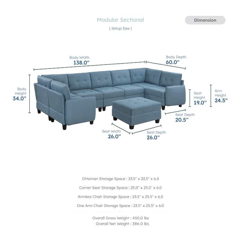 Dorian Textured 8-Piece Sectional Sofa - Storage and Ottoman