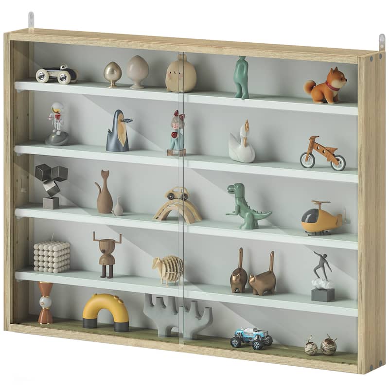 Particleboard Wall-Mounted Display Cabinet with Glass Doors - 31.5" W x 3.7" D x 23.6" H - Oak-White