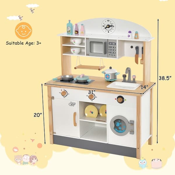 Gymax Kids Play Kitchen Set Wooden Pretend Toy w/Microwave Oven &
