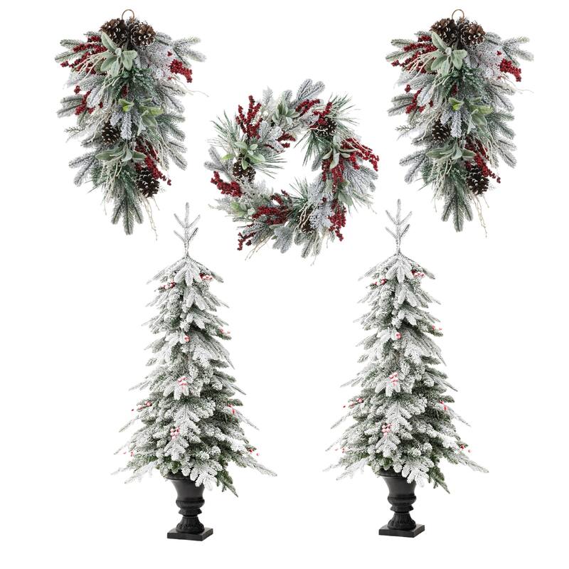 Glitzhome Artificial Christmas 5-Piece Set, 4ft Snow Flocked Artificial Potted Trees, Pinecone Berry Wreath and Teardrops - 5PK-A-Trees&Teardrops&Wreath