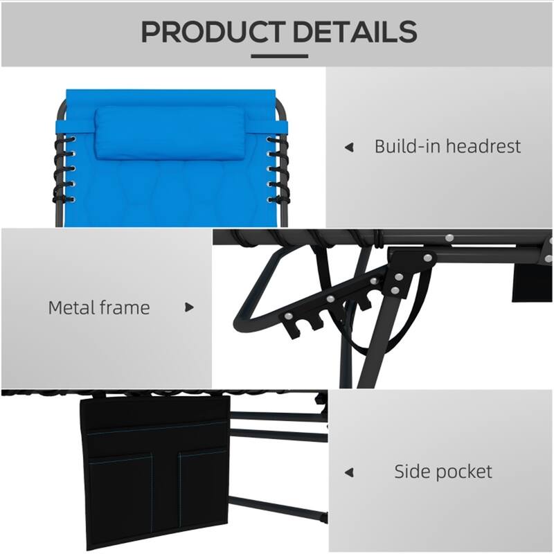 2 Person Adjustable Sun Lounger with Cushions and Side Pockets Foldable Steel Frame Oxford Fabric Reclining Chair