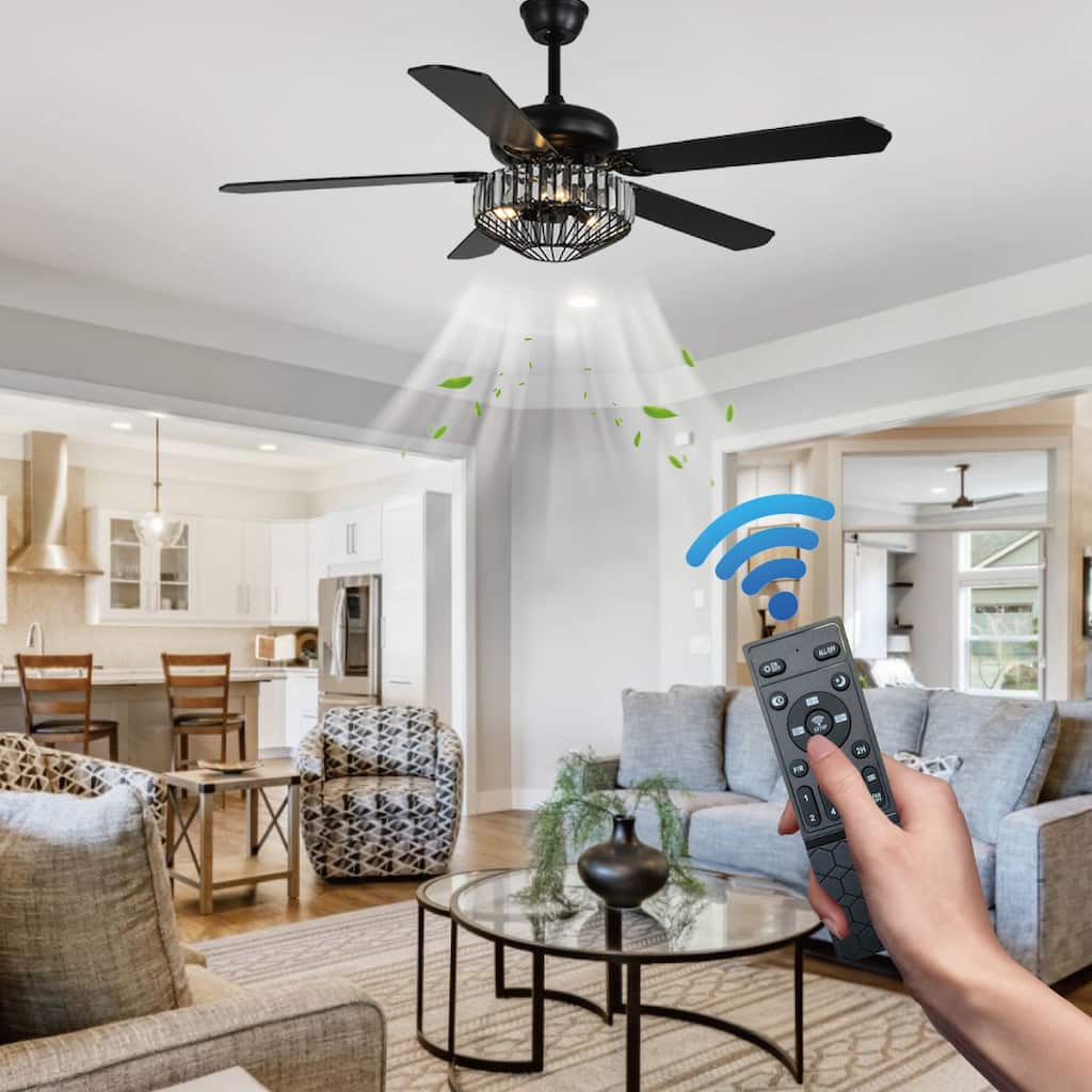 42"/52" Modern Crystal Ceiling Fan with Light, 5 Wood Blades, DC Motor, Remote, Dual Downrods
