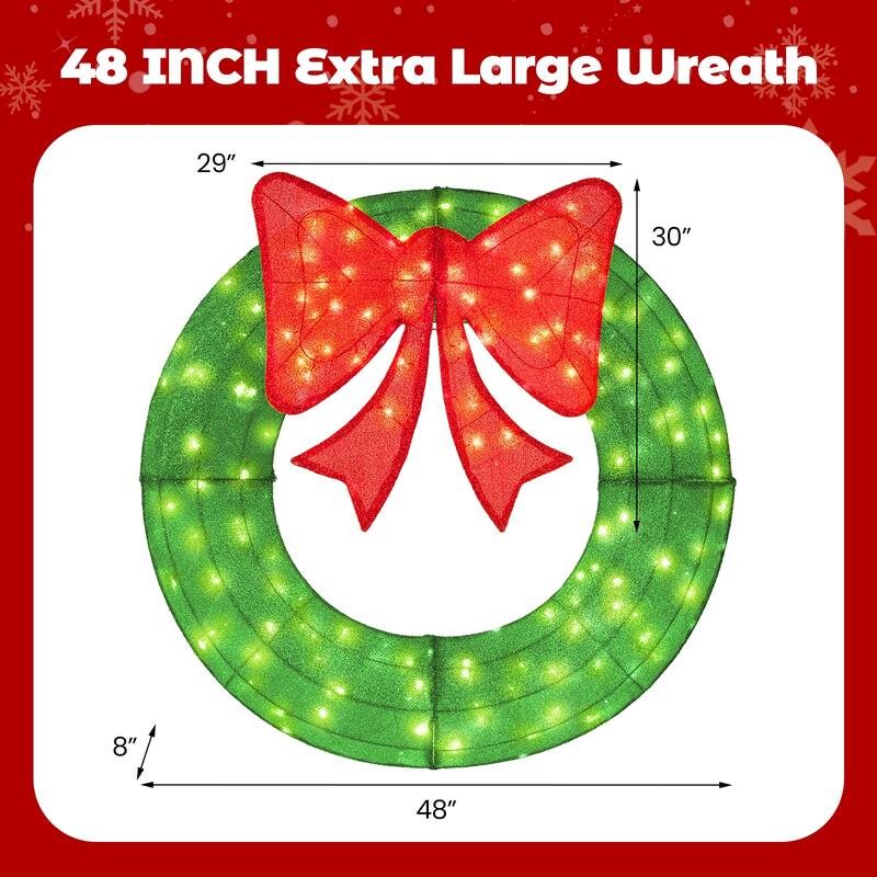48 Inch Pre Lit Christmas Wreath with Large Red Bow and 200 LED Lights for Indoor Outdoor Holiday Decoration - Green - 29" x 30"