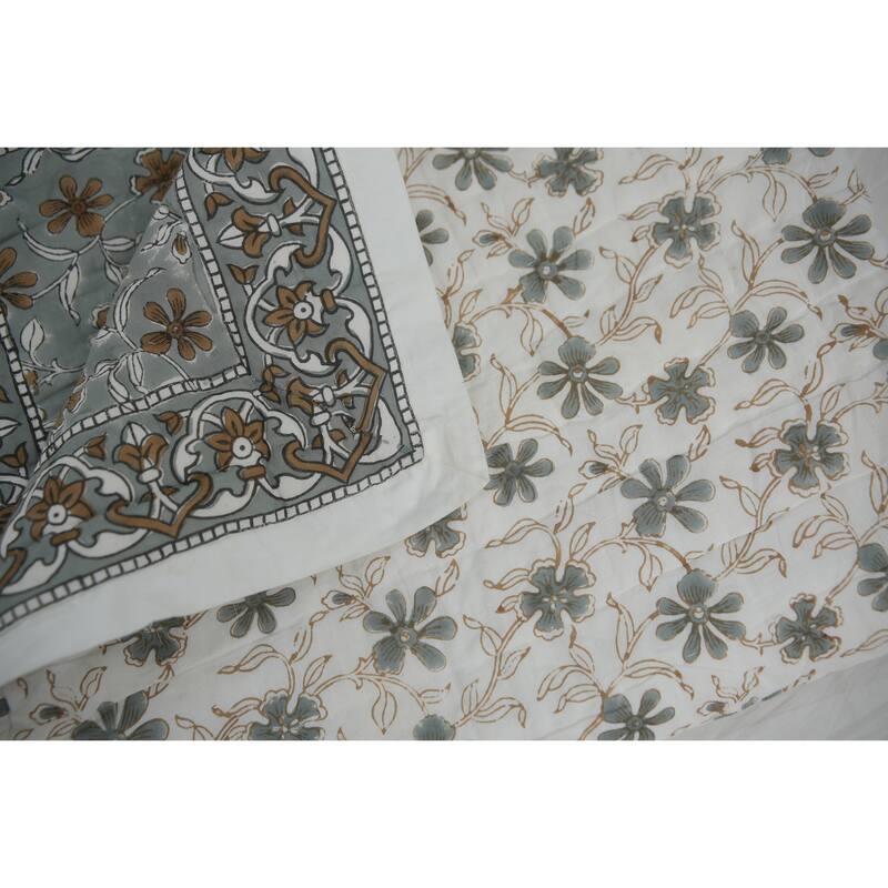 Fabdivine Artisan Handmade 100% Cotton Quilt - Brown Green Floral Block Print, Reversible Bohemian Bedding for Home