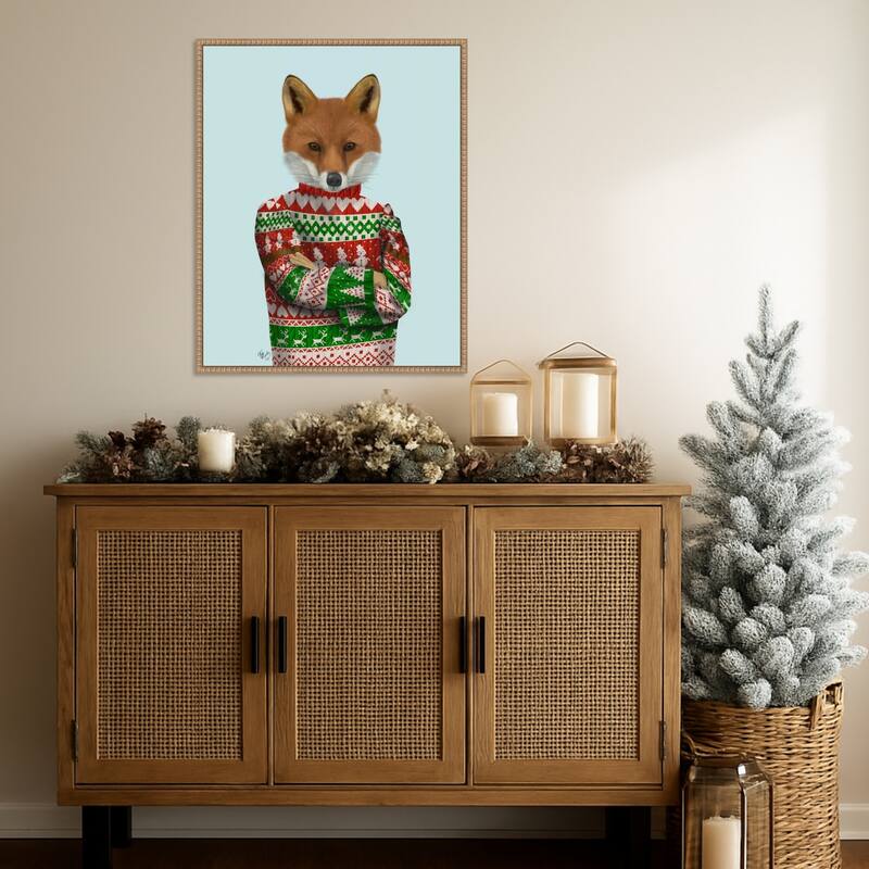 Fox in Christmas Sweater by Fab Funky (23 x 28 in.), Framed Canvas Wall Art Print - Sylvie Beaded Rustic Natural