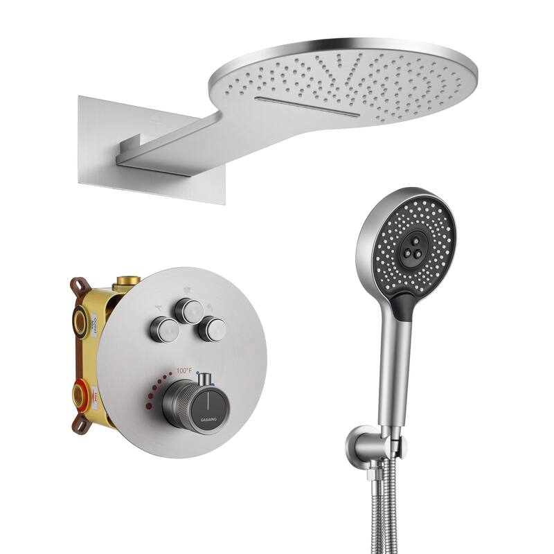 CASAINC 2-function Luxury Thermostatic Dual Shower Faucet Shower System with Waterfall Shower Head - Brushed Nickel