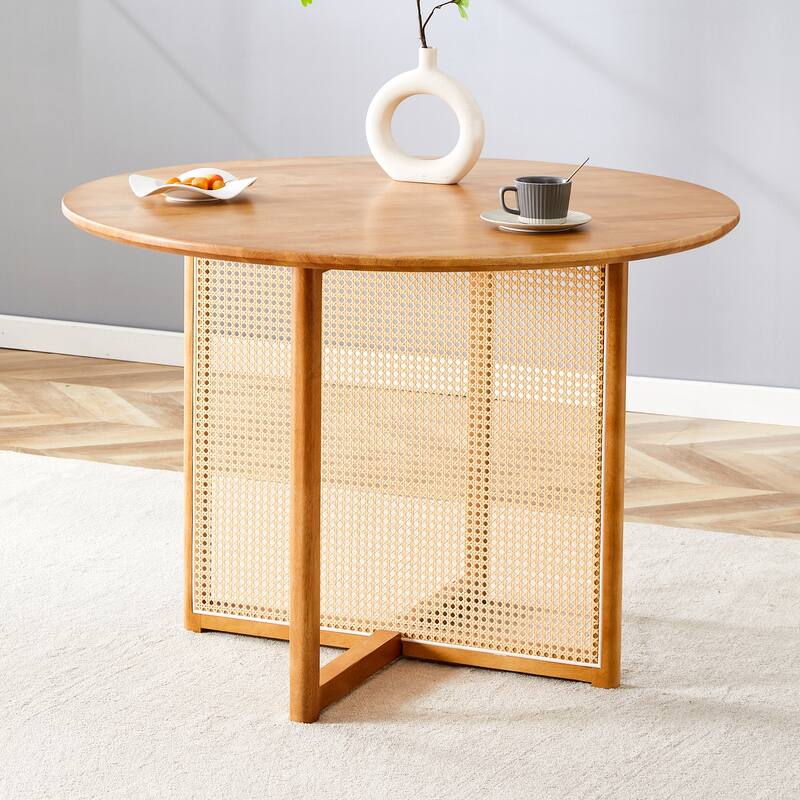 Modern Chinese Retro Style Solid Wood Round Table with Imitation Rattan Detail, for Dining Room & Living Room