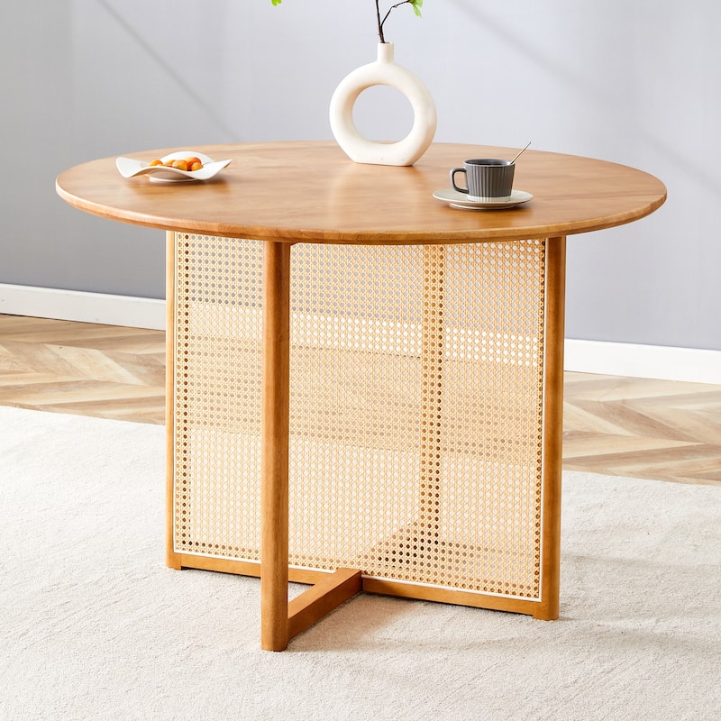 Roomfitters Solid Wood Round Table with Rattan Detailing, Retro Dining or Writing Desk for Home or Office