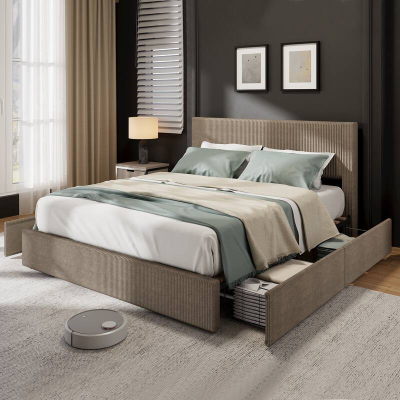 Full Size Bed Frame with 4 Storage Drawers, Platform Full Bed Frame with Upholstered Channel Tufted Wingback Headboard - Brown - Full