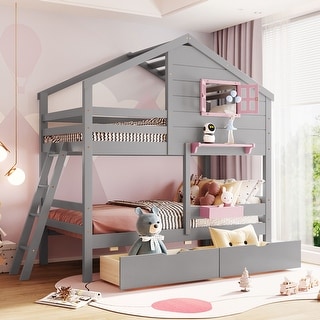 Twin over Twin Solid Wood Bunk Bed Kids Bed with 2 Drawers, 1 Storage Box, 1 Shelf, Window and Roof,Playhouse Style