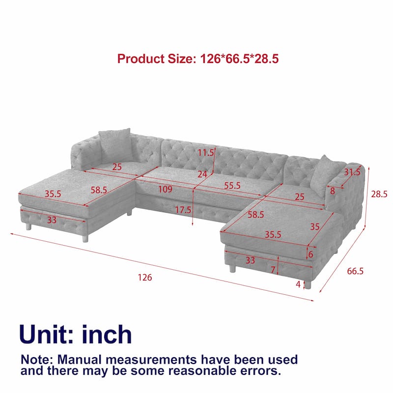 126" Chenille U-Shaped Sectional Sofa with Dual Chaise Lounges and 2 Pillows