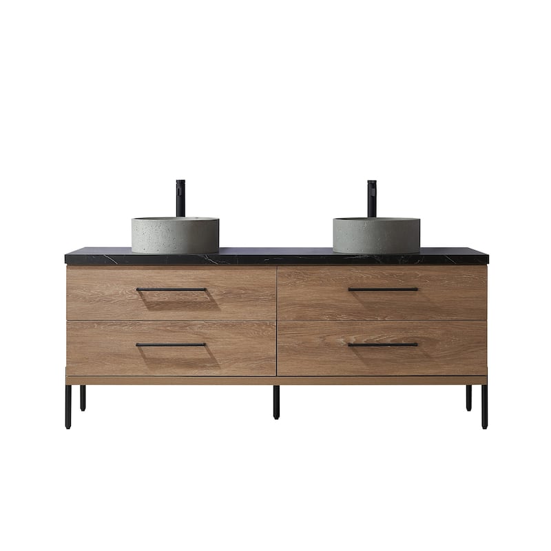 Trento Bath Vanity with Sintered Stone Top with Concrete Sink (R) - 72 in. - North American Oak-No Mirror