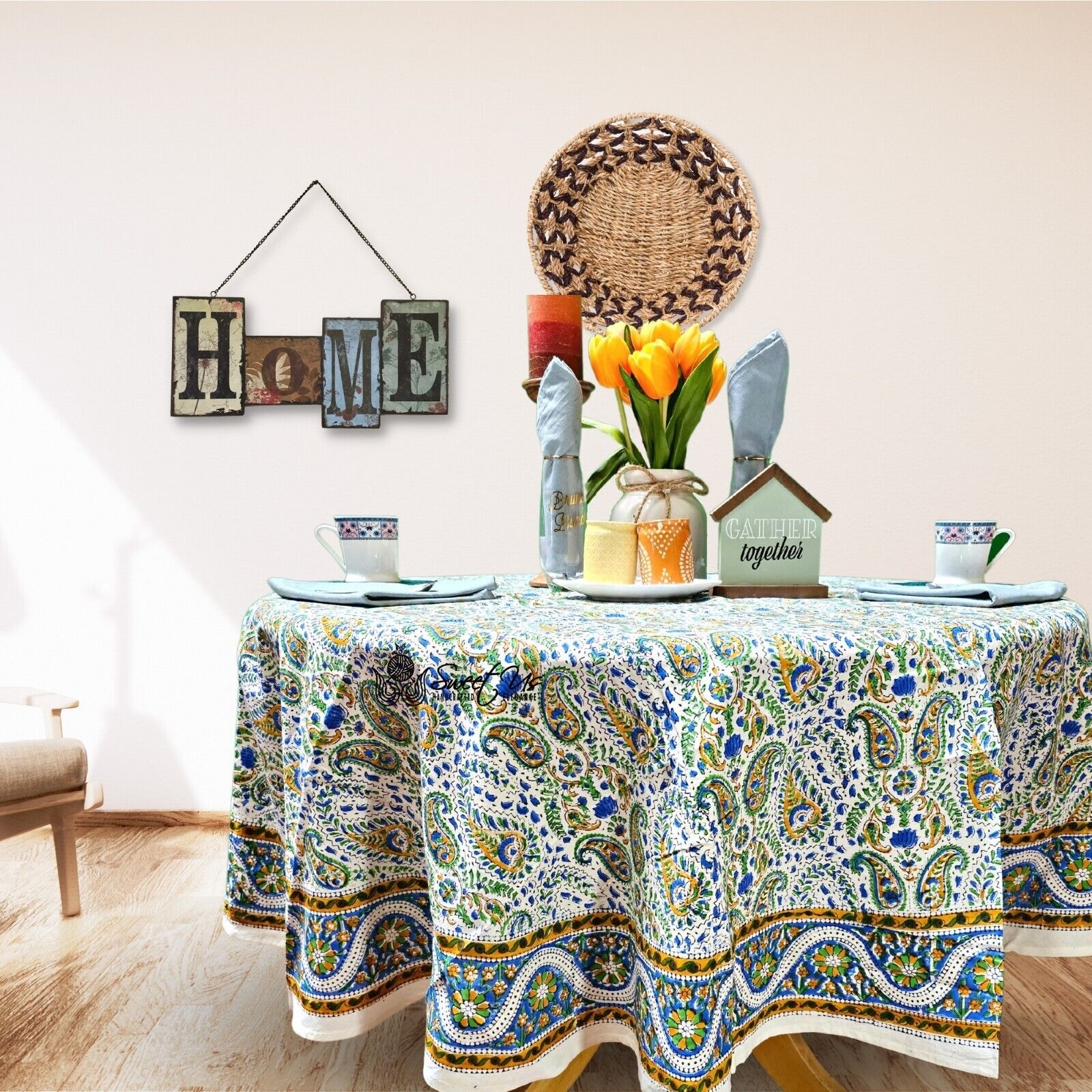 Block Print Cotton Paisley Floral Tablecloth Round Square