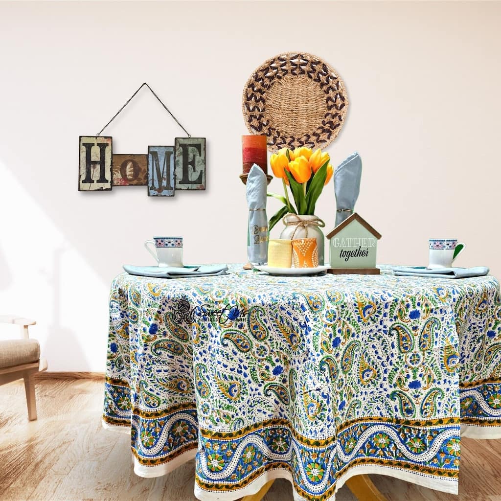 Block Print Cotton Paisley Floral Tablecloth Round Square