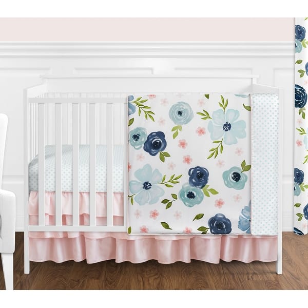 slide 2 of 6, Sweet Jojo Designs Navy Blue and Pink Watercolor Floral Girl 4pc Nursery Crib Bedding Set - Blush Green White Shabby Chic Flower