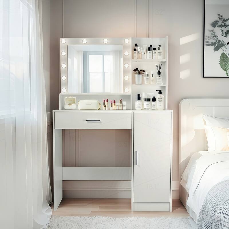 Versatile Vanity Desk with Mirror and Lights, Ideal for Makeup and Storage - White