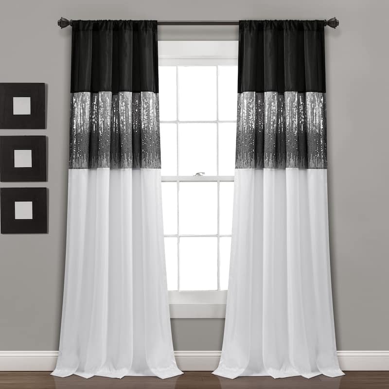 Silver Orchid Page Two-tone Faux Silk Glamorous Sequins Sparkle Single Curtain Panel - 84"L x 42"W - Black/White