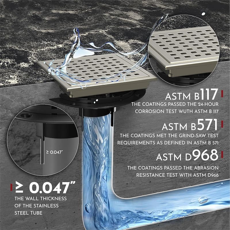 6-Inch Square Shower Floor Drain, Quadrato Pattern Grate - 6 inch