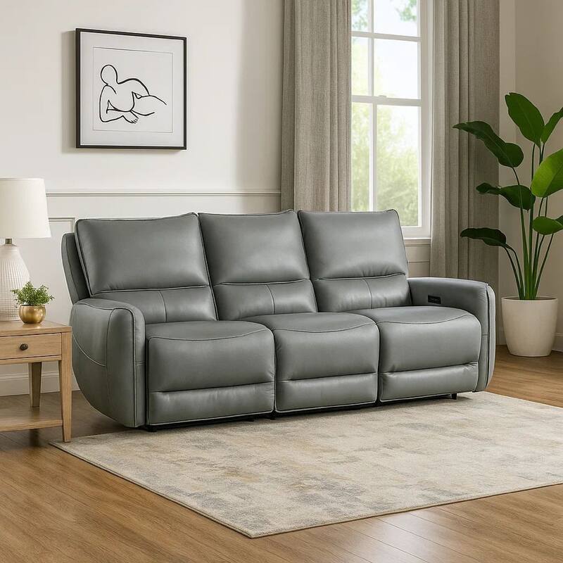 Pono Power Reclining Sofa, Pale Blue Top Grain Leather, 85 Inch, Zero Gravity