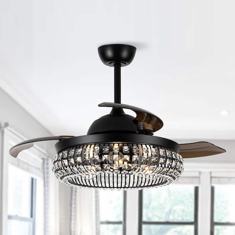 42" Modern Black 3-Light Crystal Ceiling Fan Chandelier with Remote - Matte Black