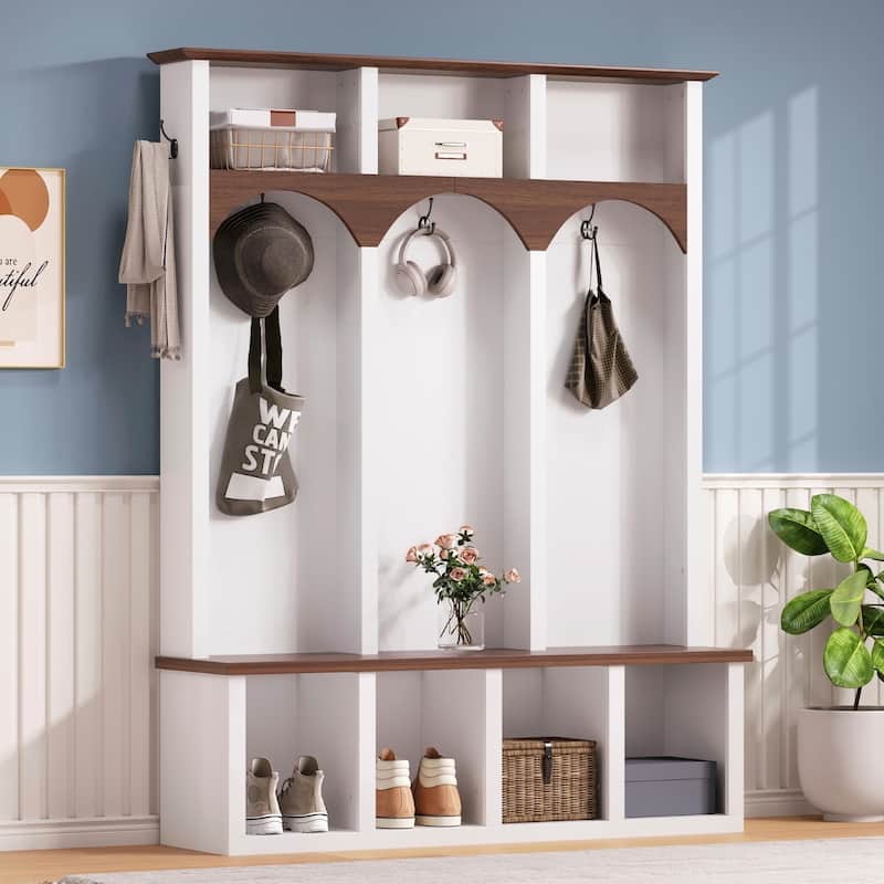 Farmhouse Hall Tree with Storage Bench & Shoe Cabinet, Arched Entryway Organizer with 5 Hooks and 7 Cubbies, Walnut Finish
