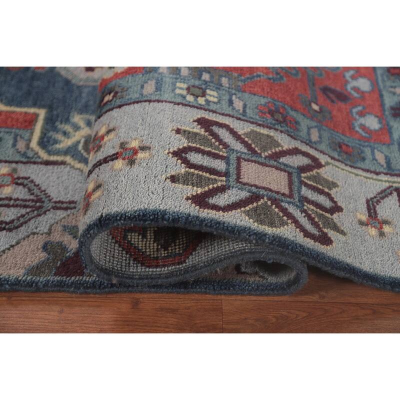 Blue Kazak Indian Area Rug Hand-Knotted Geometric Wool Carpet - 8'1" x 9'9"