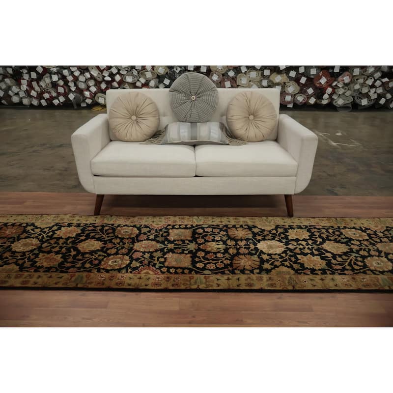 Hand Knotted Oriental 100% Wool Carpet Traditional Floral Black Agra Runner Rug - 12' 2'' X 2' 8''