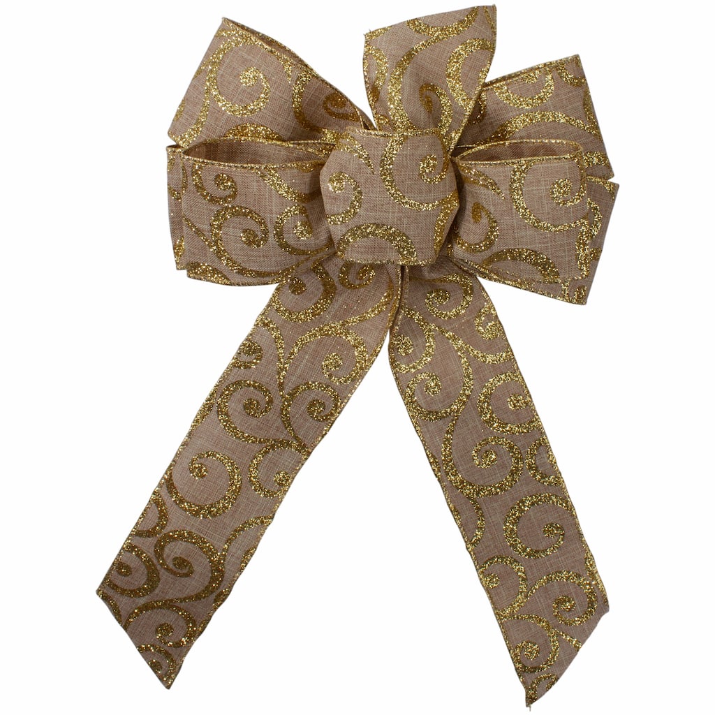 Burlap Glitter Scroll 6-Loop Christmas Bow Decoration - 9" x 14" - Brown and Gold - 9" x 14"