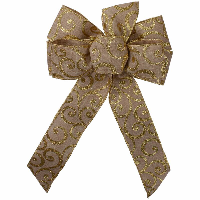 Burlap Glitter Scroll 6-Loop Christmas Bow Decoration - 9" x 14" - Brown and Gold - 9" x 14"