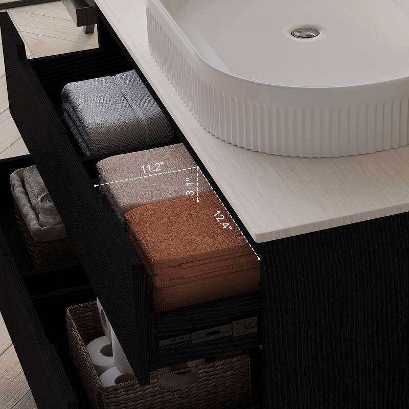 36" Bathroom Vanity with Integrated Ceramic Sink, Freestanding or Wall Mounted, 4 Soft-Close Drawers & Adjustable Metal Legs