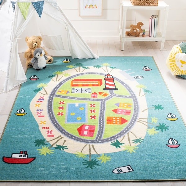 slide 2 of 13, SAFAVIEH Kids Playhouse Machine Washable Slip Resistant Anasia Shapes Rug 3'3" x 5'3" - Blue/Green