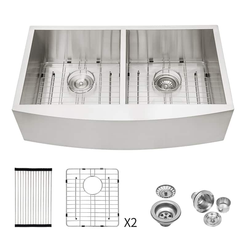 Brushed Nickel Stainless Steel Double Bowl Farmhouse Kitchen Sink with Sink Grid
