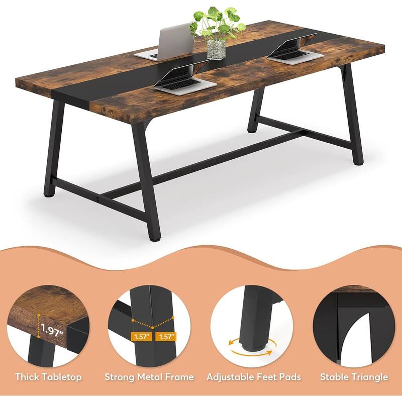 70", Modern Rectangular Conference Table for 6-8 People, Rustic Brown & Black