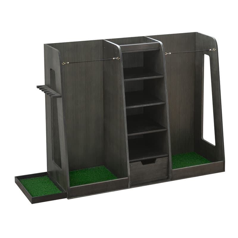 Wooden Golf Bag Organizer and Storage Rack - Holds 2 Golf Bags, 12 Clubs, 4-5 Pairs of Golf Shoes, 50+ Golf Balls