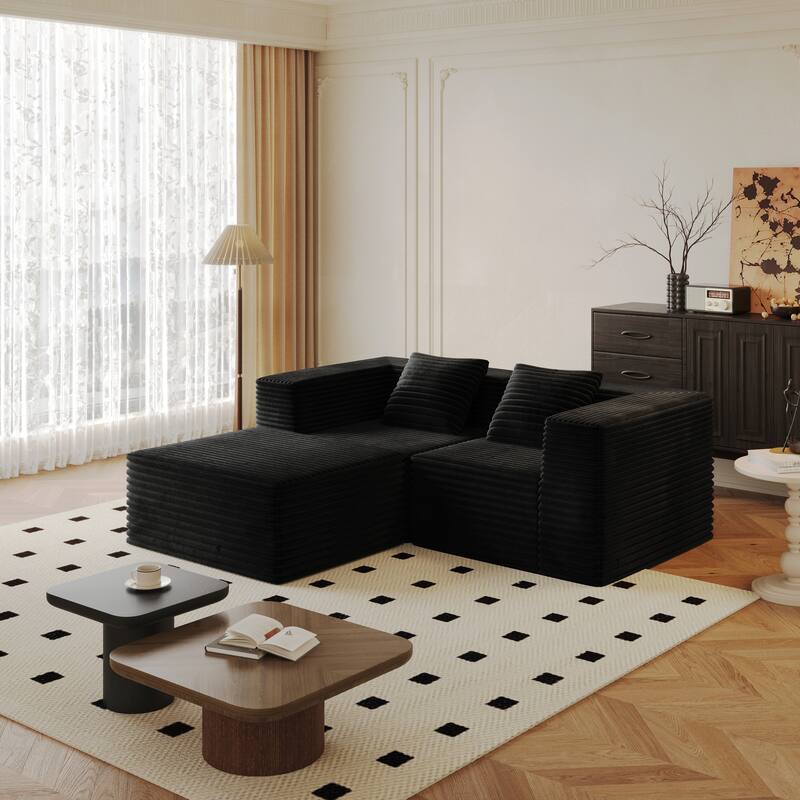 77.17" Sectional Couches for Living Room, Boneless L Shaped Cloud Couch with Ottoman, Modern Corduroy Deep Seat Floor Sofa - Black