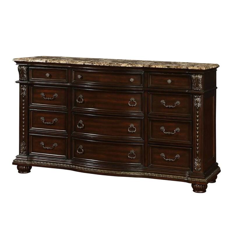 Kera Classic Dresser, 69 Inch, 12 Drawers, Sculpted Cherry Brown Wood
