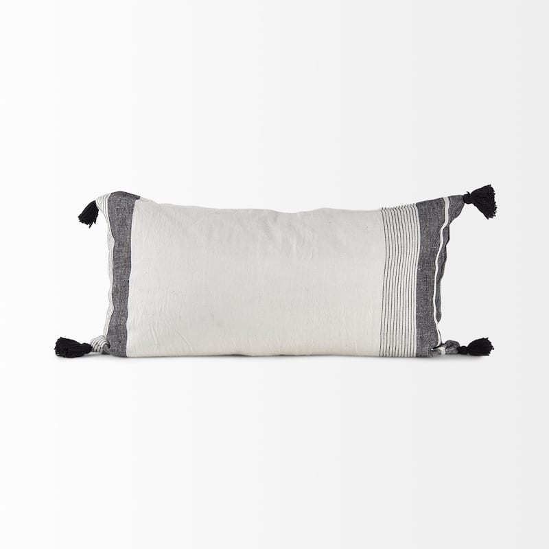 Kimia 14L x 26W White, Gray, and Black Fabric Herringbone and Fringed Decorative Pillow Cover
