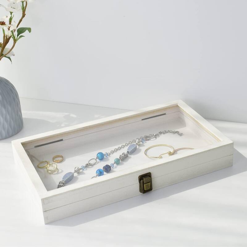 Wood Glass Top Jewelry Display Case Accessories Storage Box - S